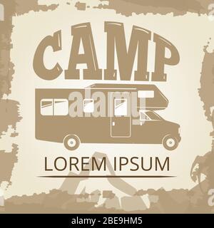 Vintage Poster oder Label mit Camping Bus. Banner mit Camp Bus. Vektorgrafik Stock Vektor