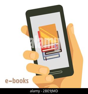 Flaches E-Book-Konzept mit Smartphone in der Hand. E-Book-Bibliothek auf Smartphone-Gerät, Vektorgrafik Stock Vektor