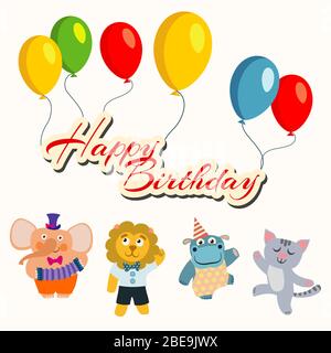 Happy birthday banner with balloons and cartoon dancing animals happy elephant and lion, hippo and cat, vector illustration Stock Vektor