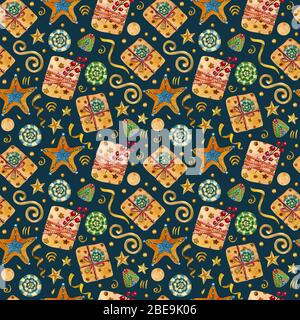 Aquarell nahtlose Muster mit Geschenken, Sternen, Süßigkeiten und Serpentine auf dem dunklen Hintergrund. Handgezeichneter Hintergrund Weihnachten. Stockfoto