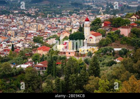 Luftaufnahme von Zakynthos Zante Stadt, Griechenland. Sommermorgen auf dem Ionischen Meer. Schönes Stadtbild Panorama von Griechenland Stadt. Reisekonzept Stockfoto