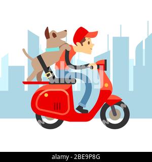 Reisen mit Haustieren - junger Mann auf Moto mit Hund und Stadtlandschaft. Junge mit Hund auf Moped Fahrt, Vektor-Illustration Stock Vektor