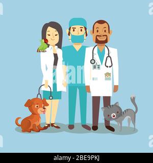 Tierarzt Personal mit niedlichen Haustieren auf blau isoliert. Tierarzt mit Tieren Hund und Katze. Vektorgrafik Stock Vektor