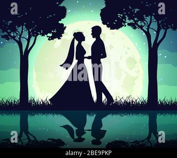 Silhouetten der Braut und Bräutigam auf dem Mondhintergrund. Romantik Nacht Mann und Frau im Mondlicht, Vektor-Illustration Stock Vektor