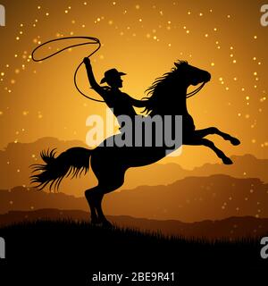 Silhouette eines Cowboys mit Lasso auf aufzucht Pferd. Cowboy Mann mit Pferd Sonnenaufgang. Vektorgrafik Stock Vektor