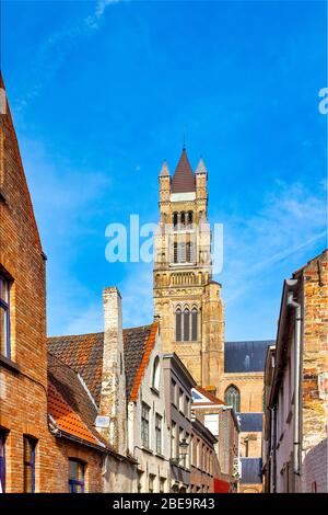 Glockenturm der Kathedrale von Saint Salvator, Brügge, Flandern, Belgien Stockfoto