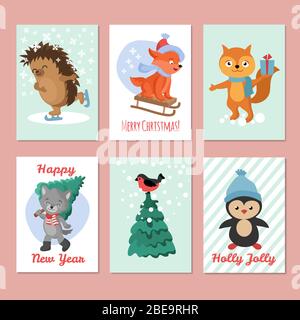 Frohes neues Jahr Vektor-Flyer. Frohe weihnachten Postkarte mit niedlichen Wintertieren. Weihnachtskarte mit Pinguin und Igel, Wolf und Vogel Illustration Stock Vektor