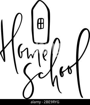 Konzept des Schullogo für zu Hause. Vector Home School Kalligraphie Schrift Text und Haus-Symbol. Für das Studium zu Hause online. Abbildung Emblem von Stock Vektor
