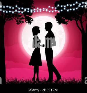 Silhouetten von jungen Frauen und Männern auf dem Mondhintergrund. Freundin und Freund Dating, paar Liebe, Silhouette. Vektorgrafik Stock Vektor