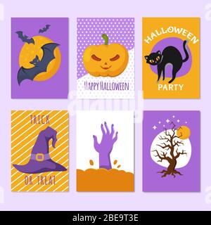 Halloween Party Poster und Einladungskarten mit Cartoon gruselige Zeichen und Zeichen. Horror Hintergründe Vektor gesetzt Stock Vektor