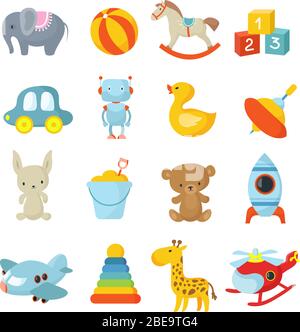 Cartoon Kinder Spielzeug Vektor-Icons Sammlung. Kinder Spielzeug Ikone, Teddy und Ente, Auto und Ball, Flugzeug und Hubschrauber Illustration Stock Vektor