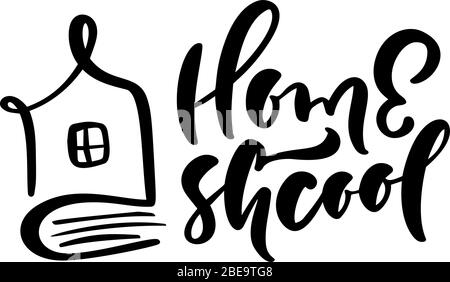 Konzept des Schullogo für zu Hause. Vector Home School Kalligraphie Schrift Text und Haus-Symbol. Für das Studium zu Hause online. Abbildung Emblem von Stock Vektor