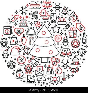 Weihnachtsgrafiken. Weihnachten Linie Kunst Symbole in Ball angeordnet. Weihnachtsfeiertag und Neujahr, Schneemann und Geschenkbox. Vektorgrafik Stock Vektor