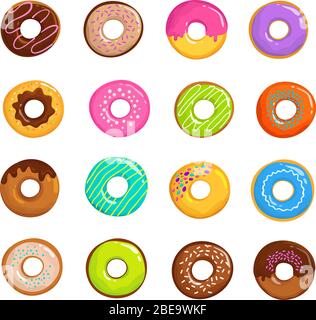 Cartoon glasiert süß Donut isoliert Vektor-Set. Donut Dessert mit Schokolade und Zucker Illustration Stock Vektor