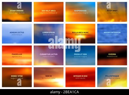 Verschwommener heller Himmel und Meer Bokeh Landschaft Vektor Hintergründe Sammlung. Poster mit unscharfen Lichtengen Stock Vektor