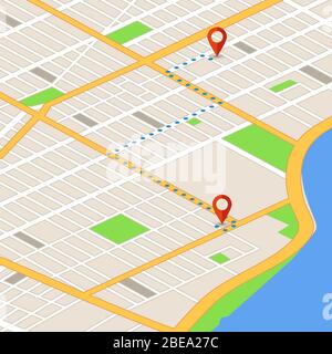 Isometrische 3d-Karte mit Positionsstiften. Hintergrund des GPS-Navigationsvektors. Route auf 3d-Kartennavigator, gps-Position auf Straßendarstellung Stock Vektor