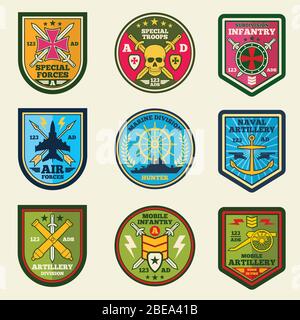 Militärische Patches Vektor-Set. Embleme und Etiketten der Armee. Militärische Abzeichen und Armee Emblem Illustration Stock Vektor