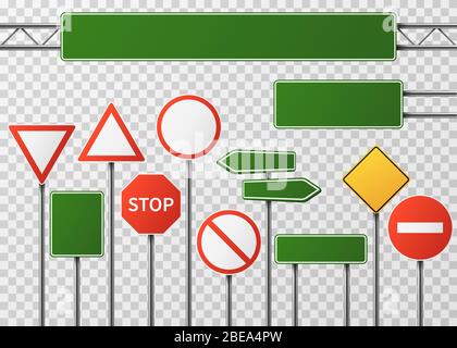 Leere Straßenverkehrszeichen und Straßenschilder Vektor gesetzt isoliert. Sammlung von Wegweitsschild, Wegweiser und Wegweiser für Verkehrsdarstellung Stock Vektor