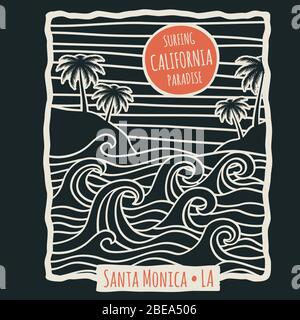 Retro california Sommer Strand Surf Vektor T-Shirt Vektor Design mit Palmen und Meereswellen. Surfen Strand Vintage Illustration Stock Vektor