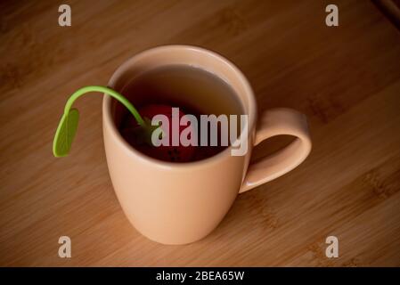 Tasse Tee zum Frühstück. Kopierbereich. Beiger Hintergrund. Stillleben mit Teetaßetaßetaßaufnahme. Tea Time Konzept. Leckeres Getränk. Tee in einer beigen Tasse. Stockfoto