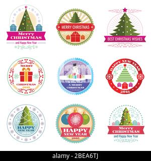 Frohe weihnachten Vektor-Etiketten. Winterurlaub Retro Embleme und Logos. Flaches weihnachtsetikett, Emblem-Illustration für das neue Jahr 2018 Stock Vektor