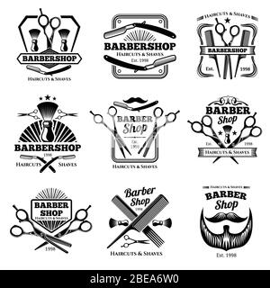 Retro-Friseur Shop Vektor Abzeichen. Moderne Friseursalon-Etiketten und Friseur-Embleme. Abbildung des Barbier Shop Emblems und Friseur Salon Abzeichen Stock Vektor