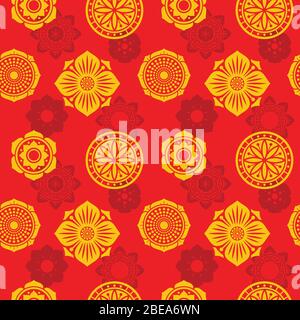 Chinesische und japanische Elemente Vektor nahtlose Muster. Tribal-asiatischer Tapetendruck. Hintergrund mit chinesischen und japanischen Ornament Illustration Stock Vektor