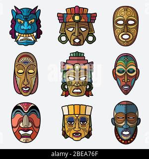 Afrikanische Handwerk Voodoo Stammes-Maske und inka südamerikanischen Kultur Totem Symbole Vektor-Set. Afrikanische Maske Souvenir, Voodoo traditionelle Gesichtsillustrierung Stock Vektor