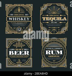 Vintage Whiskey und alkoholische Getränke Vector Etiketten im Art Deco Retro Stil. Illustration für Whiskey-Rum und Tequila-Poster mit Alkohol Stock Vektor