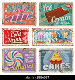 Vintage Candy Shop Metallschilder mit rostiger Textur. Vector Set Süßigkeiten Shop und kalte Getränke Metall alten Banner Illustration Stock Vektor