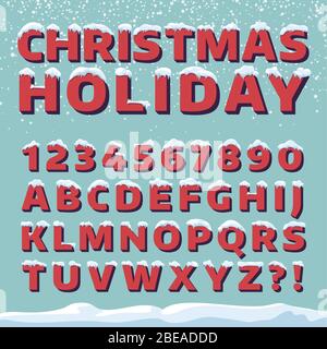 Weihnachten Urlaub Vektor Schriftart. Retro 3d Buchstaben mit Schneekappen. Weihnachtsschrift mit Schnee und Eis, abc und Ziffer Illustration Stock Vektor