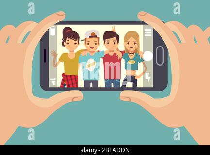 Junge Freunde Jugendliche fotografieren mit dem Smartphone. Freundschaft Vektor Konzept. Freunde Foto auf Smartphone-Kamera, Porträt glücklich Menschen Illustration Stock Vektor