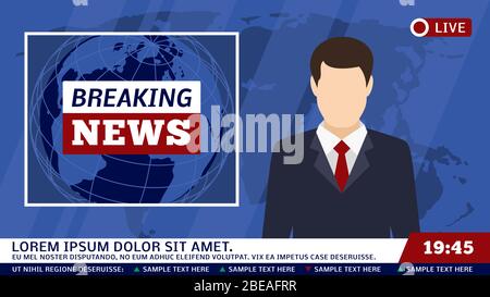 TV-News Studio mit Sender und Brechen der Welt Hintergrund Vector Illustration. Das Brechen von von Nachrichten im Fernsehen, Rundfunk- und Journalist Stock Vektor