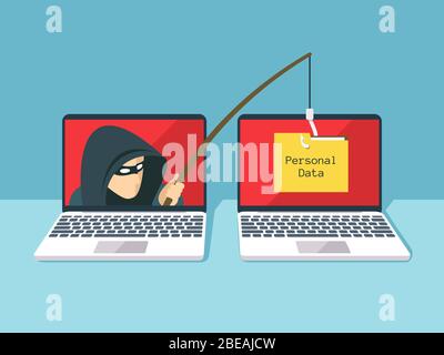 Phishing-Betrug, Hacker-Angriff und Web-Sicherheit Vektor-Konzept. Illustration von Phishing und Betrug, Online-Betrug und Diebstahl Stock Vektor