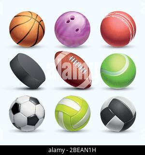 Verschiedene 3d-Sportbälle Vektor-Sammlung auf weißem Hintergrund isoliert. Ball für Spiel Fußball und Basketball, Fußball und Tennis Illustration Stock Vektor