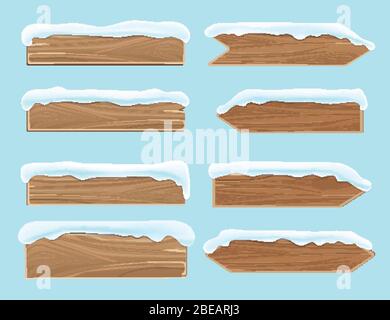 Holzbanner mit Schnee bedeckte Bretter. Festliche weihnachten Vektor Dekoration isoliert. Holzbrett für weihnachten schneebedeckten Illustration Stock Vektor