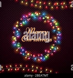 Xmas abstrakte Vektor-Karte mit weihnachtsbeleuchtung Rahmen. Girlande Weihnachten leuchten in runden Rahmen Illustration Stock Vektor