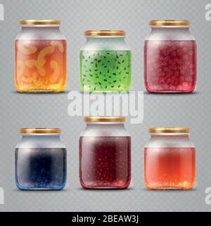 Glas mit Konfitüre und Fruchtmarmelade Vektor-Set. Glas mit Fruchtmarmelade und hausgemachte Dessert-Illustration Stock Vektor