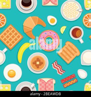 Frühstück nahtlose Textur. Verschiedene Mahlzeiten und Getränke auf blauem Hintergrund. Vektor Cartoon Stil Illustration Frühstück Essen, Kaffee trinken und Dessert Kuchen Stock Vektor