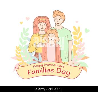 Plakat zum Internationalen Familientag. Skizzieren Cartoon-Stil. Internationaler Tag der Familien mit Blumenkranz. Mama Vater und Tochter. Familienporträt, glückliche Menschen. Vektorgrafik Stock Vektor