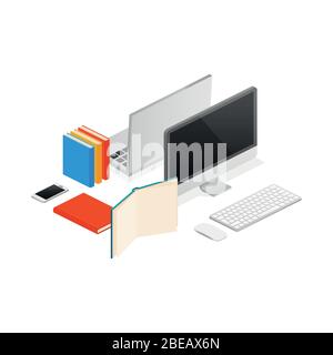 Isometrischer Computer, Laptop und einige Bücher. Office Flat Vektor Illustration Stock Vektor