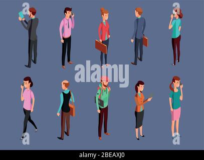 Verschiedene Büroleute stehen und verwenden Gadgets. Isometrische Vektorgrafik für Frau und Geschäftsmann Stock Vektor