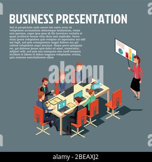 Isometrische Darstellung von Geschäftspräsentation, Besprechung, Finanzbericht mit Beispieltext auf grauem Hintergrund. Vector modernes Design für Websites, Web-Banner, Infografiken, gedruckte Materialien Stock Vektor