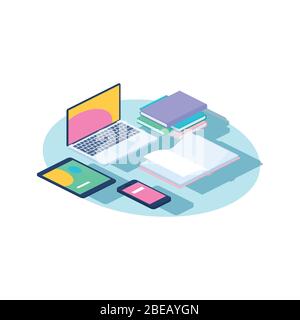 Online-Bildungskonzept. Isometrisches Notebook, Telefon, Bücher auf gelbem Hintergrund. Vektorgrafik Stock Vektor