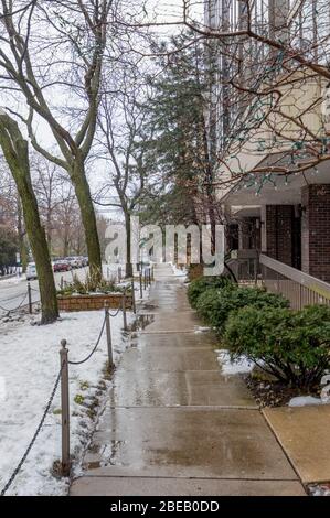 Snowy Day Downtown Evanston Illinois Stockfoto