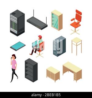Satz isometrischer Symbole für Büros. Server, Sessel, Tisch, Schrank und Personal. Abbildung flacher Vektorgrafiken. Bürosessel und Stuhl, Tisch und Router Stock Vektor