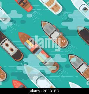 Top-Ansicht Schiff und Schifffahrt Boot auf Meerwasser Oberfläche nahtlose Textur. Diagonalsegler. Vektorgrafik Stock Vektor