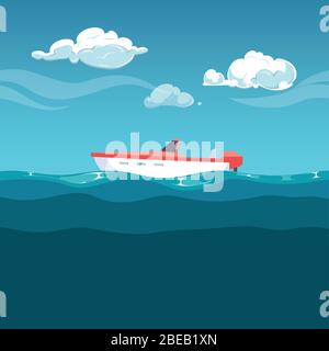 Illustration zum Meer. Rotes Boot Schaukeln auf den Wellen Ozean Vektor Stock Vektor