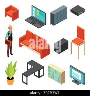 Satz isometrischer Symbole für Büros. Sofa, Stuhl, Sessel, Systemeinheit, Router und Geschäftsmann. Abbildung flacher Vektorgrafiken Stock Vektor