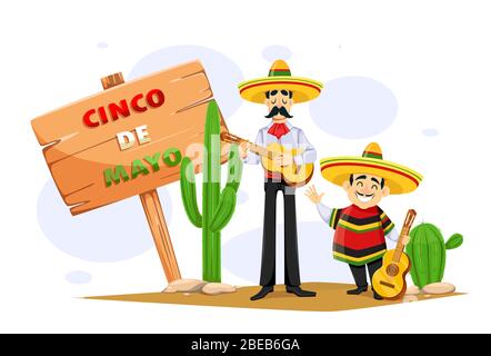 Cinco De Mayo Grußkarte mit zwei fröhlichen mexikanischen Männern in Sombrero und mit Gitarre. Lustige Comic-Figuren. Vektorgrafik Stock Vektor